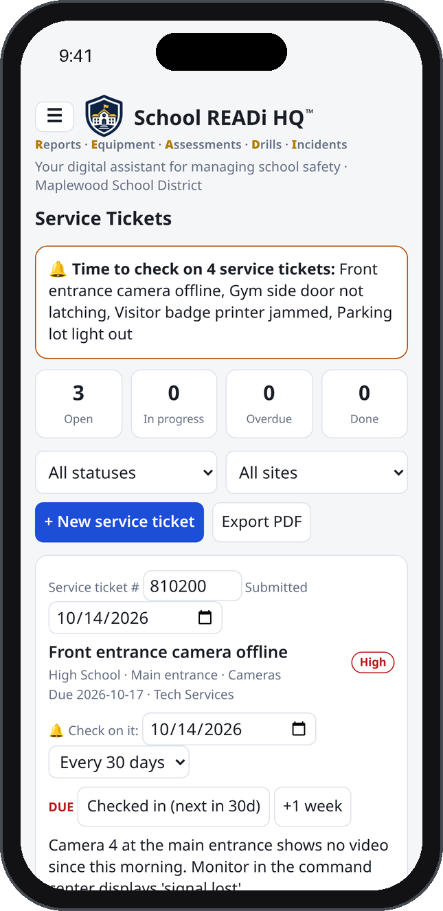 Service tickets screen on an iPhone showing an open camera ticket