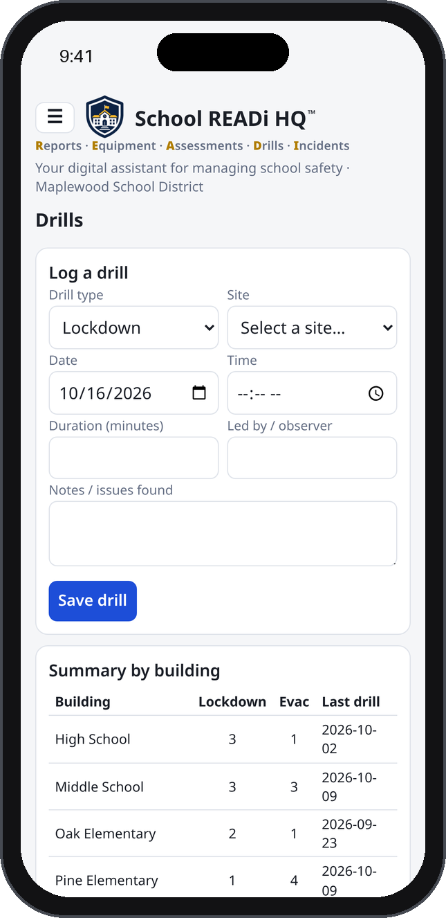 Drills screen on an iPhone showing the drill log form