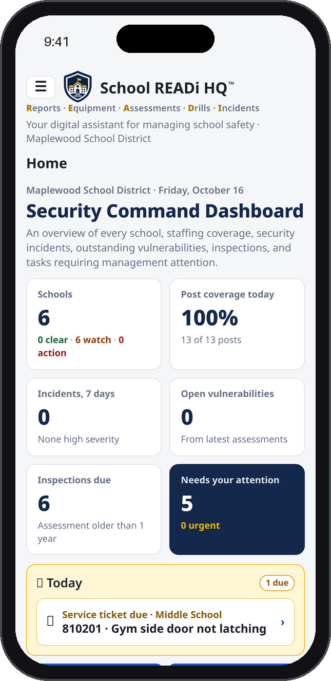 Security Command Dashboard on an iPhone showing schools, post coverage and items needing attention